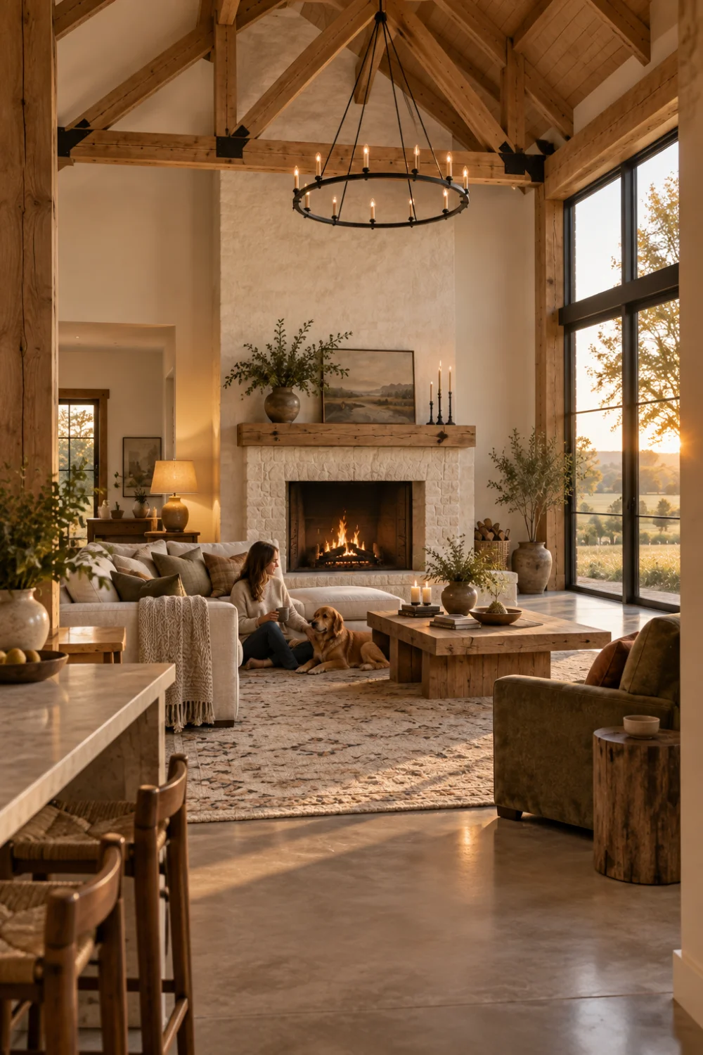 Woman relaxing with a dog in a warm oak framed barndominium living room viewed from the open kitchen at golden hour.