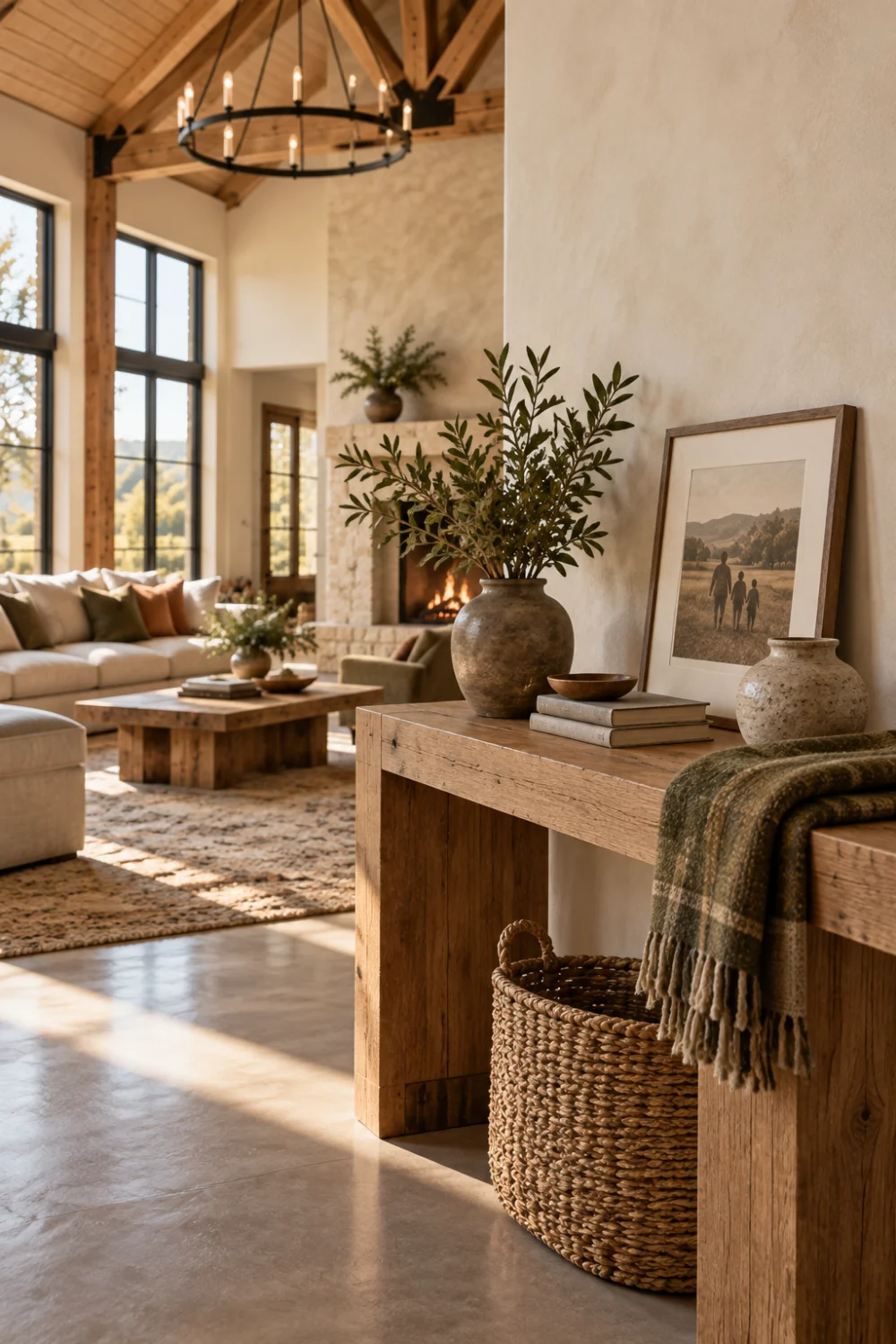 Oak console styled with books, handmade ceramics, family artwork and a wool throw beside a warm open living room.