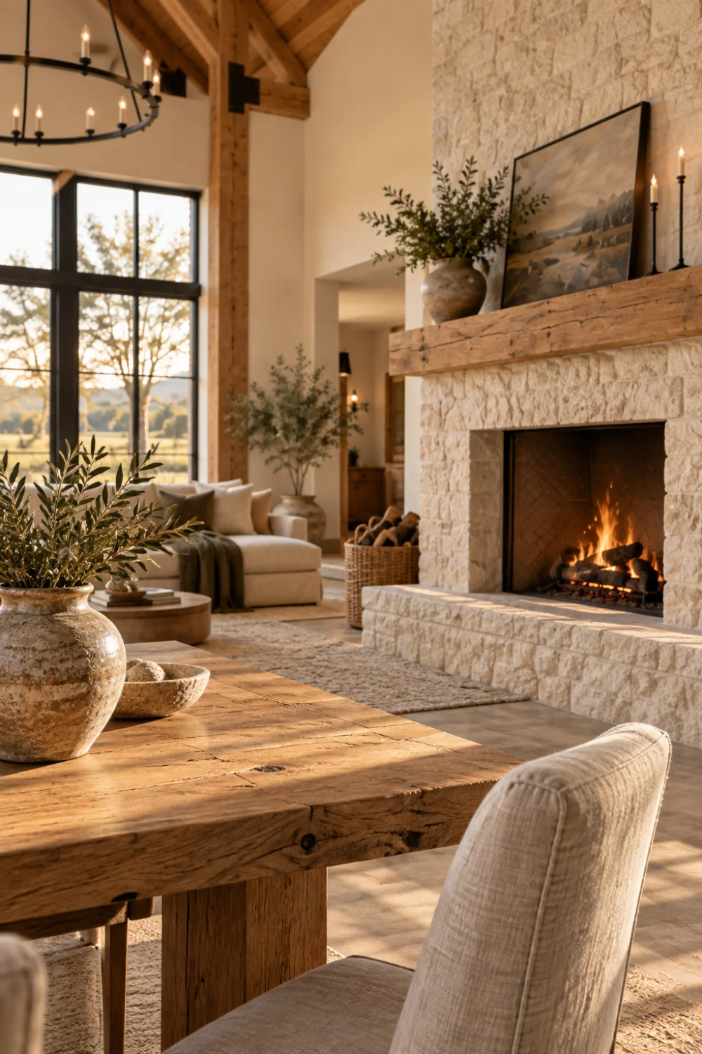 Oak table, linen chair and handmade ceramic in front of a limestone fireplace and tall windows in golden afternoon light.