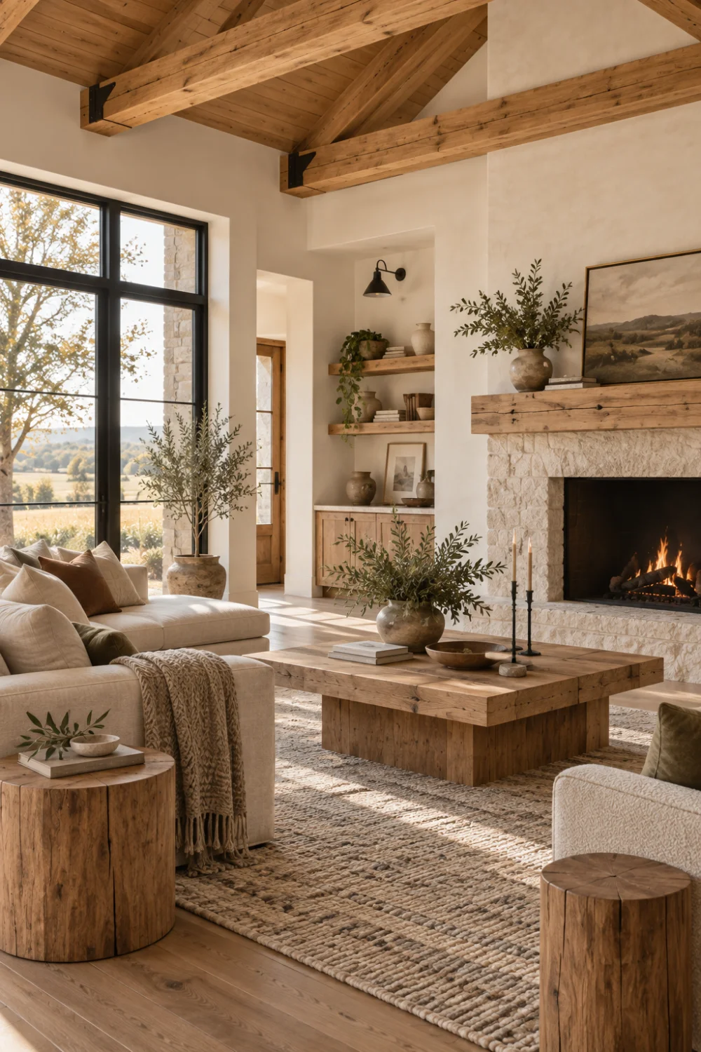 Airy barndominium living room with oak beams, timber tables, warm white walls, pale linen seating and a limestone fireplace.