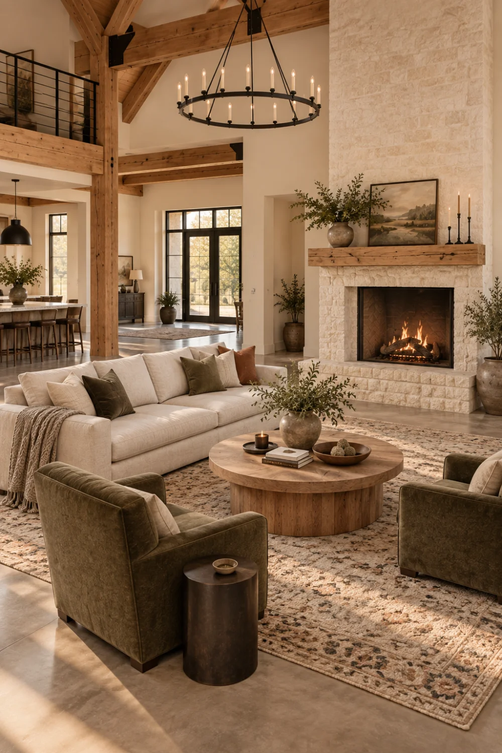 Oatmeal sofa and two olive chairs gathered around a round oak table and large rug in an open barndominium living room.