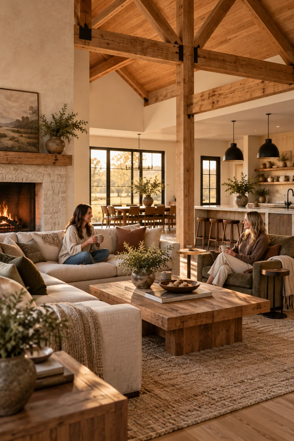 Two women talking over coffee in a warm barndominium living room with oak framing, linen seating and an open kitchen beyond.