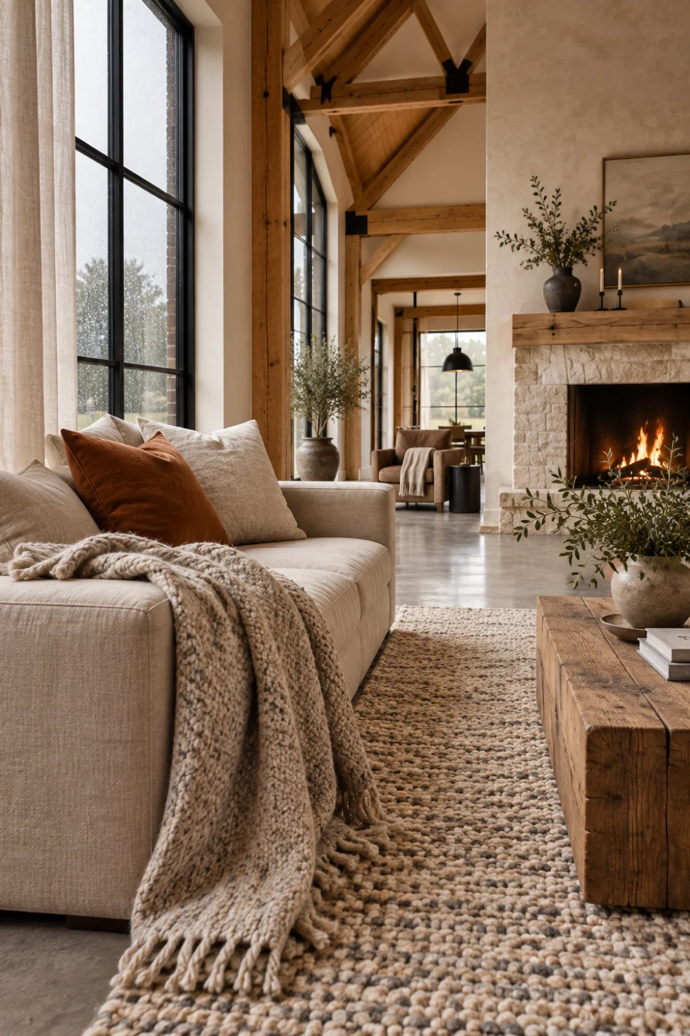 Washed linen sofa, chunky wool throw, textured rug and rust cushion softening concrete and oak in a barndominium living room.