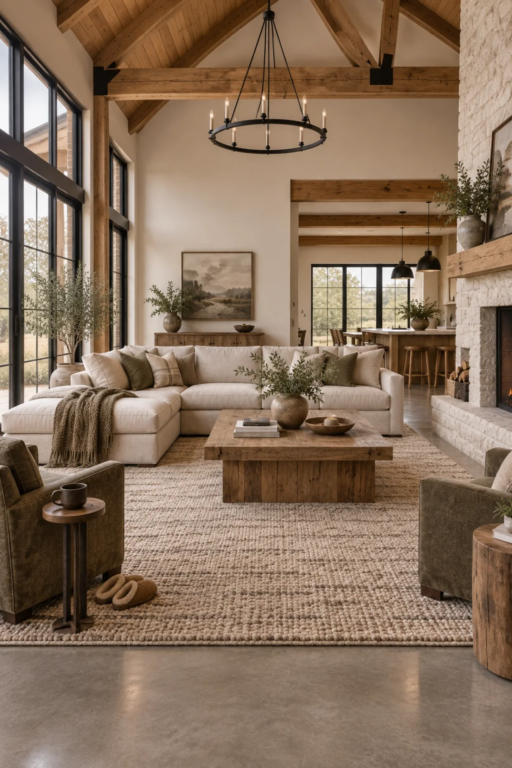 Large textured wool rug uniting oatmeal seating over a warm grey concrete floor in a spacious oak framed living room.
