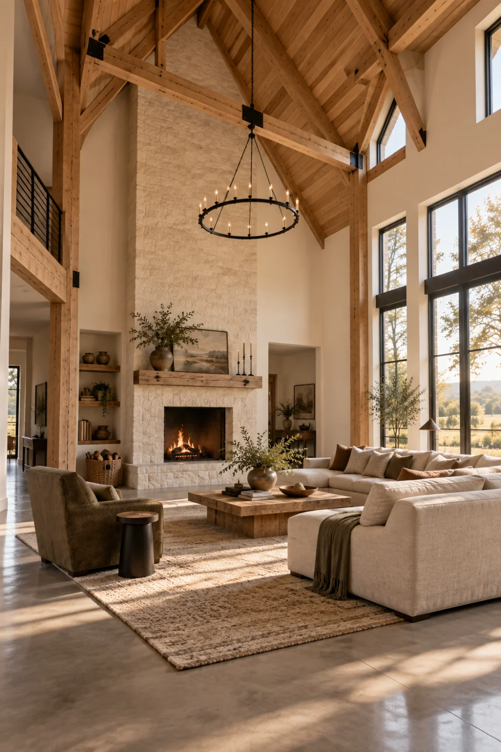Tall barndominium living room with exposed oak trusses, a limestone fireplace, oatmeal seating and a broad rug in morning light.