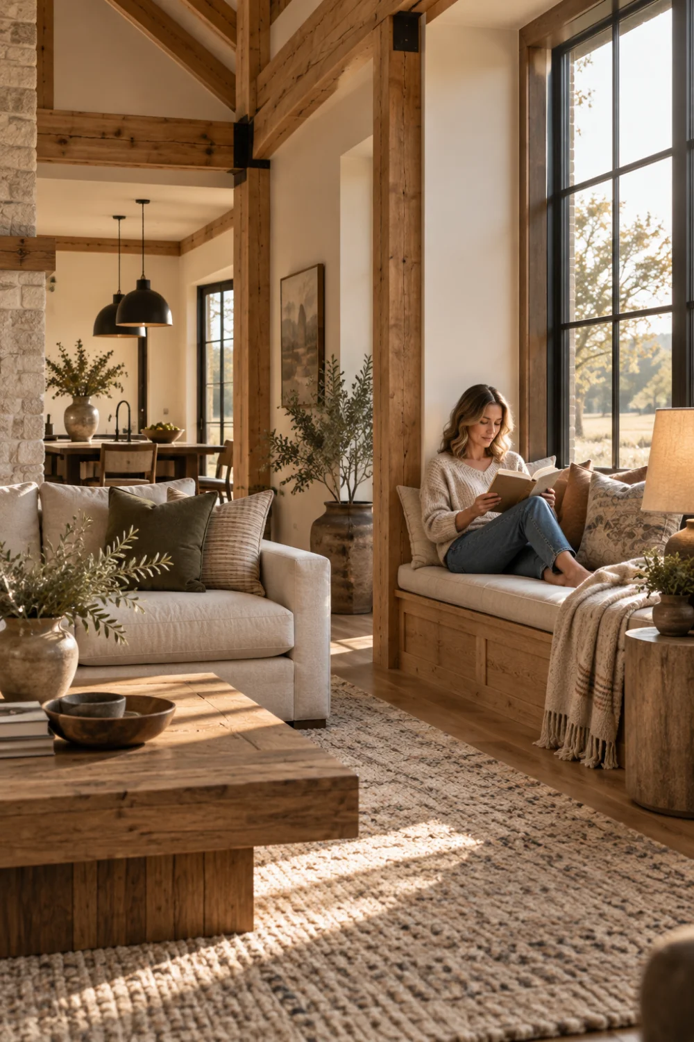 Woman reading on a window seat in a warm barndominium living room with oak framing, linen seating and a broad woven rug.