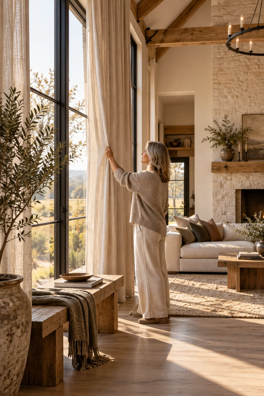 Woman drawing a linen curtain beside tall black framed windows in an oak and limestone barndominium living room.