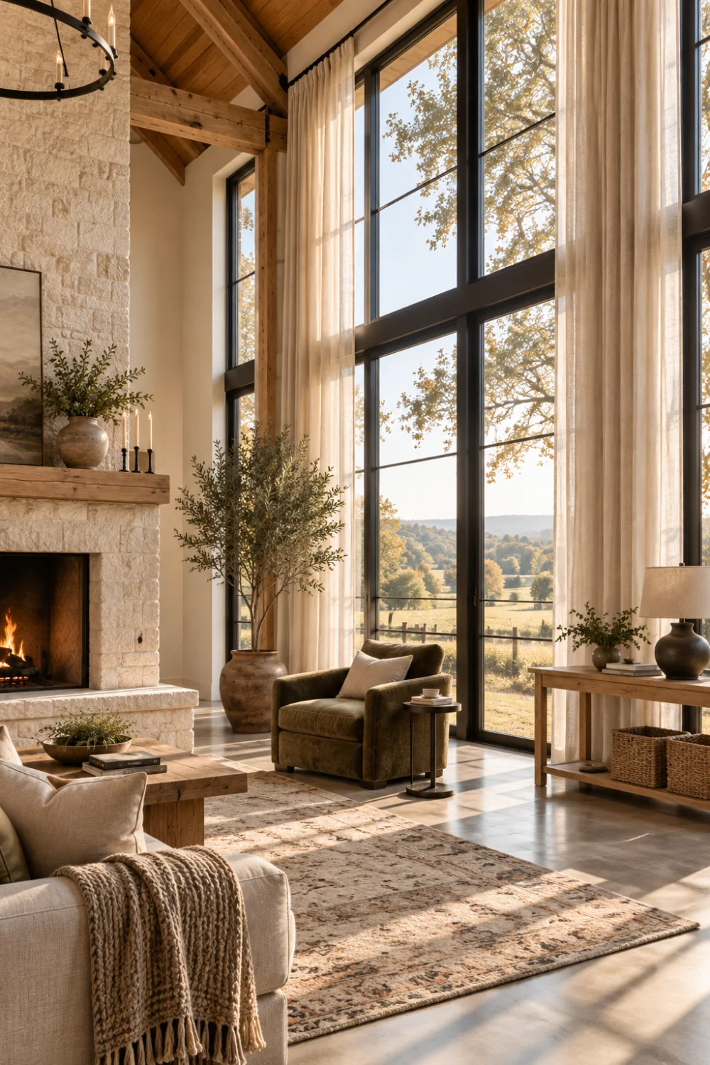 Tall black framed windows with sheer linen curtains, an olive chair and countryside views in a warm barndominium living room.