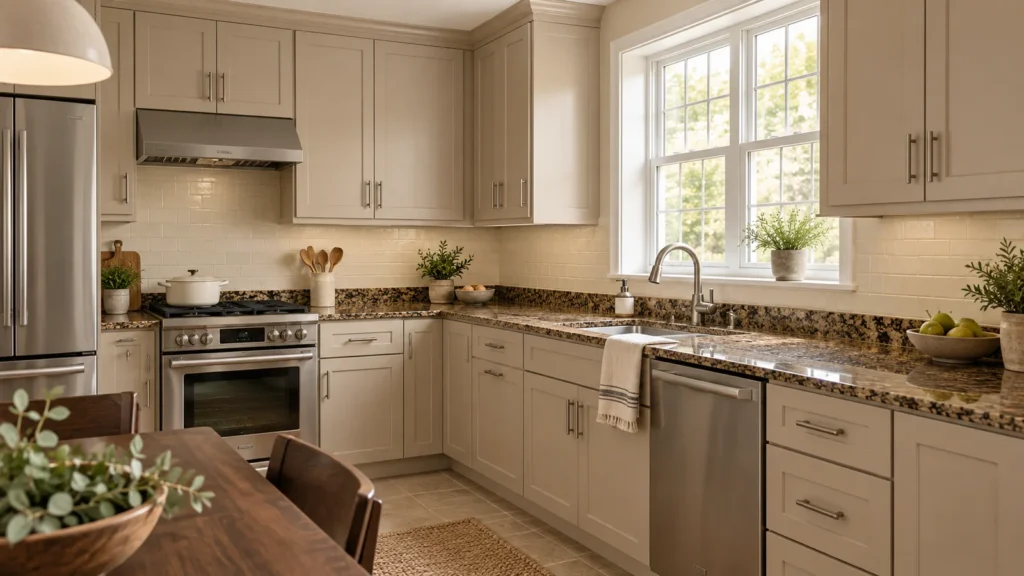 Beige kitchen cabinets with brown granite counters and cream tile beside a bright window