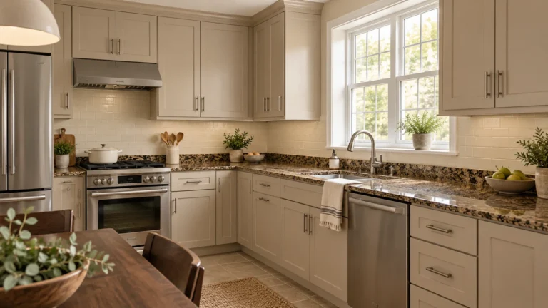 Beige kitchen cabinets with brown granite counters and cream tile beside a bright window