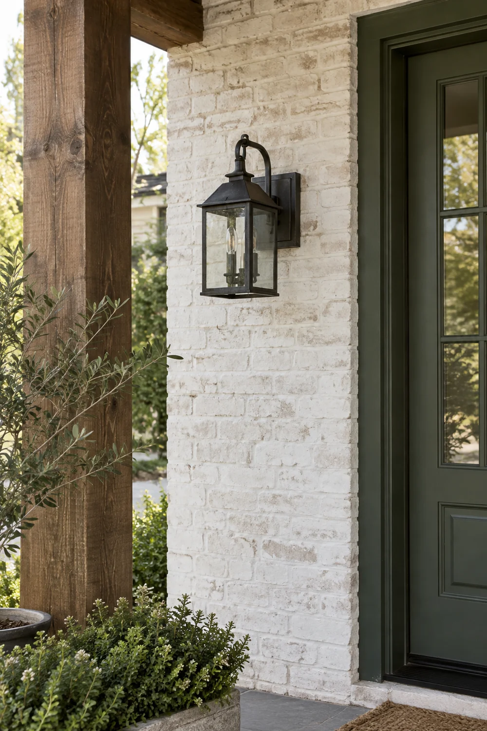 Black iron wall lantern against white farmhouse brick beside green front door