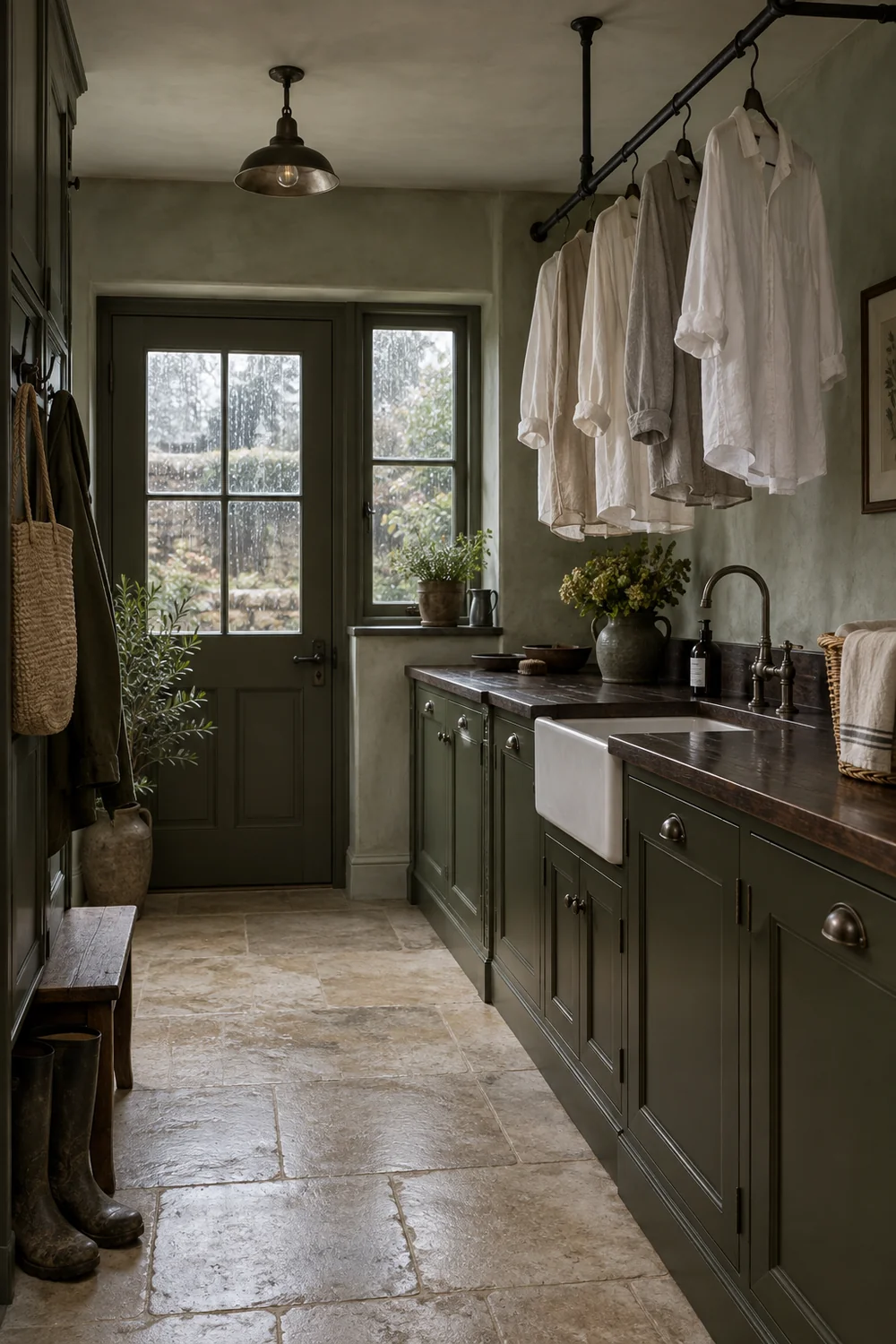 Blackened iron ceiling drying rail above an English country laundry counter