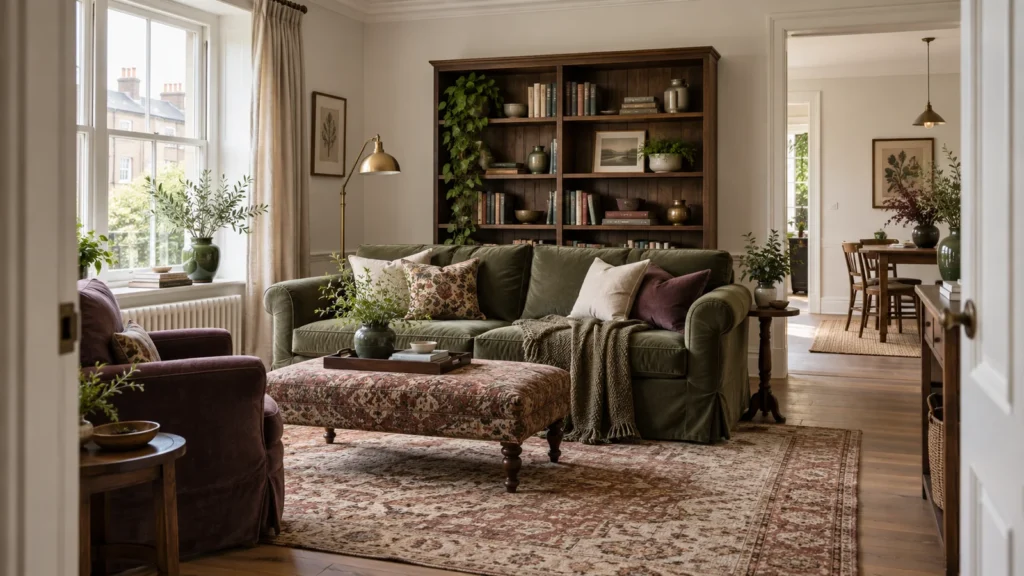 Bright dark cottagecore apartment living room seen through a doorway with portable walnut furniture and moss textiles