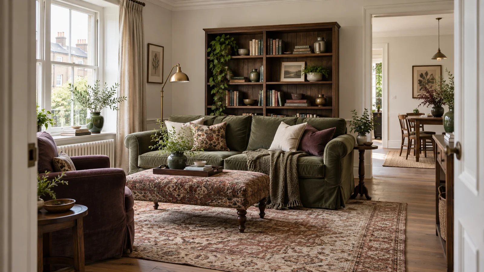 Bright dark cottagecore apartment living room seen through a doorway with portable walnut furniture and moss textiles