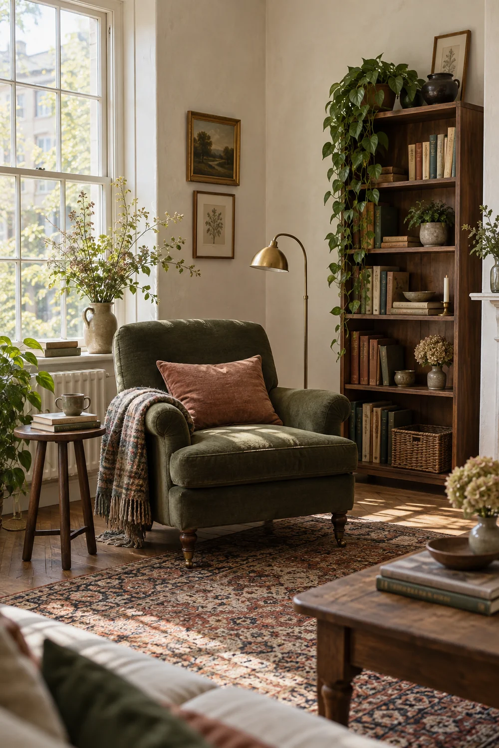 Bright reading corner with a moss armchair walnut bookcase brass lamp and vintage rug