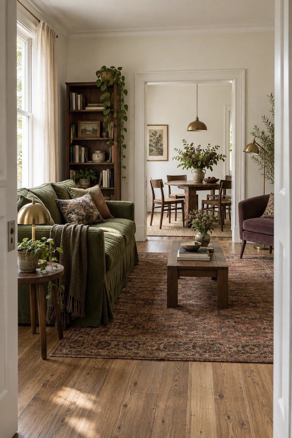 Bright rental apartment living room with pale walls a moss sofa walnut bookcase patterned rug and portable brass lamps
