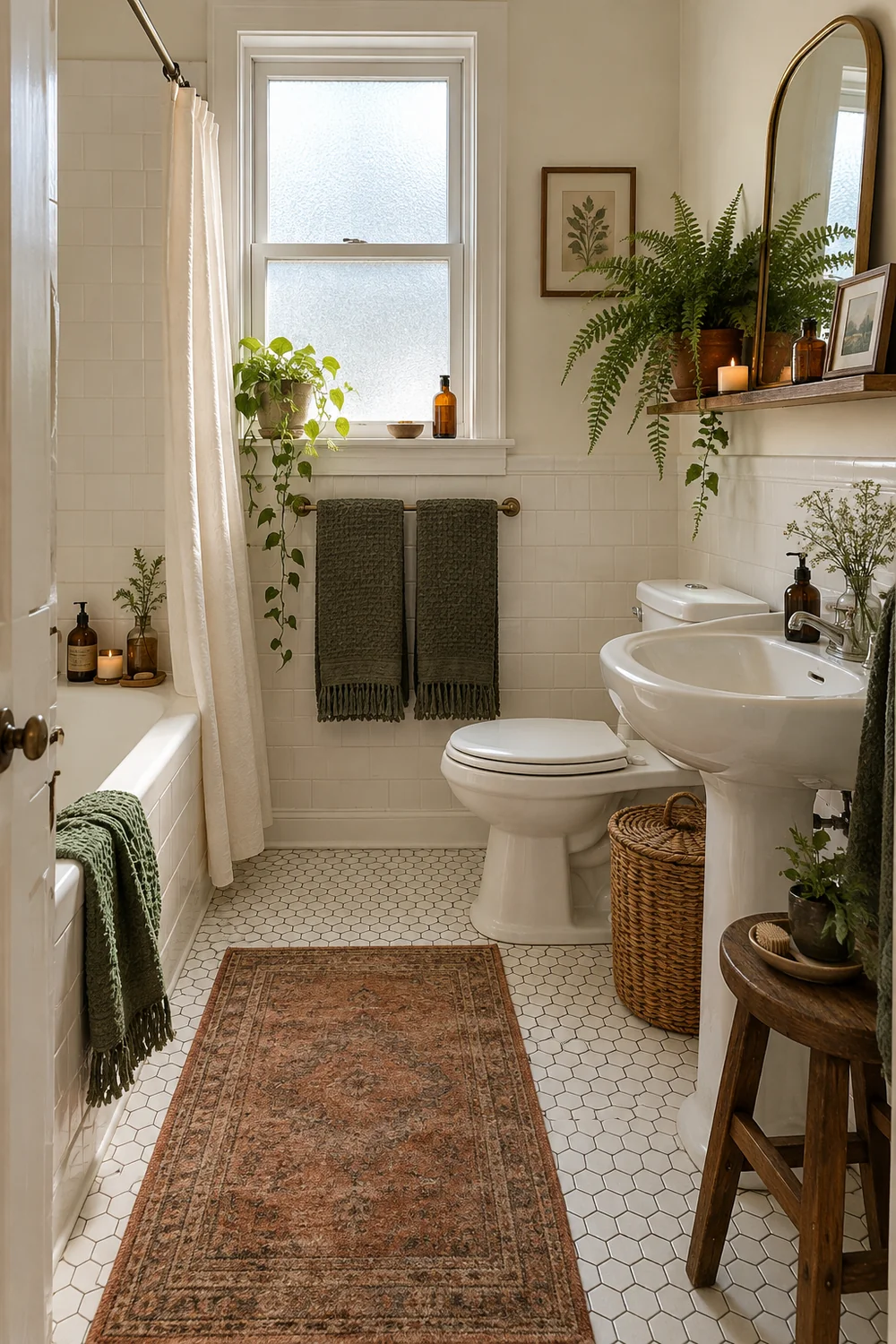 Bright rental bathroom with white tile moss towels a rust rug a walnut stool and portable plants