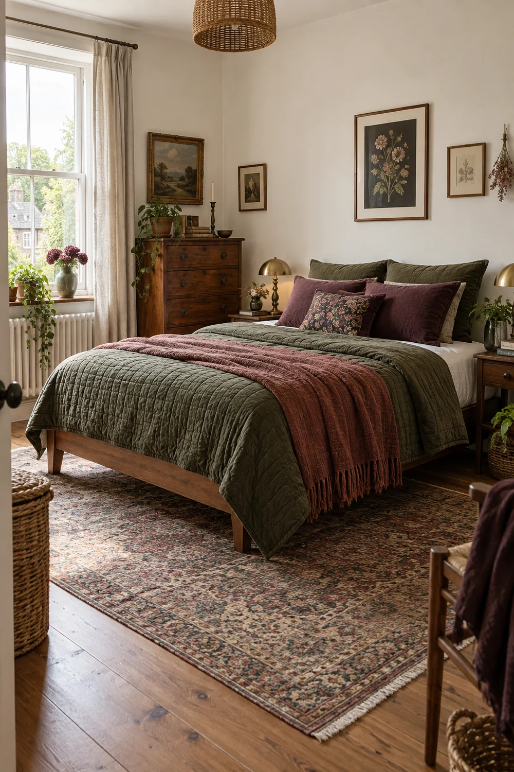 Bright rental bedroom with pale walls a moss quilt plum cushions walnut furniture and a clear route around the bed