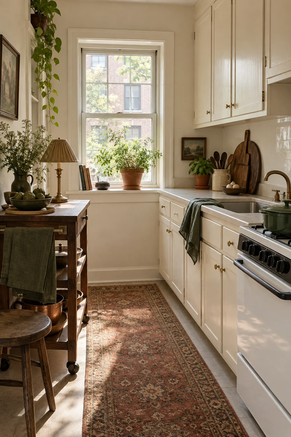 Bright rental kitchen with cream cabinets a walnut trolley moss linen stoneware and an uncluttered worktop