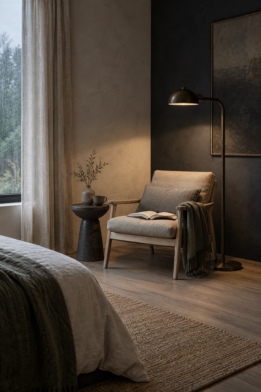 Bronze floor lamp illuminating a quiet Japandi bedroom reading chair by a rainy window