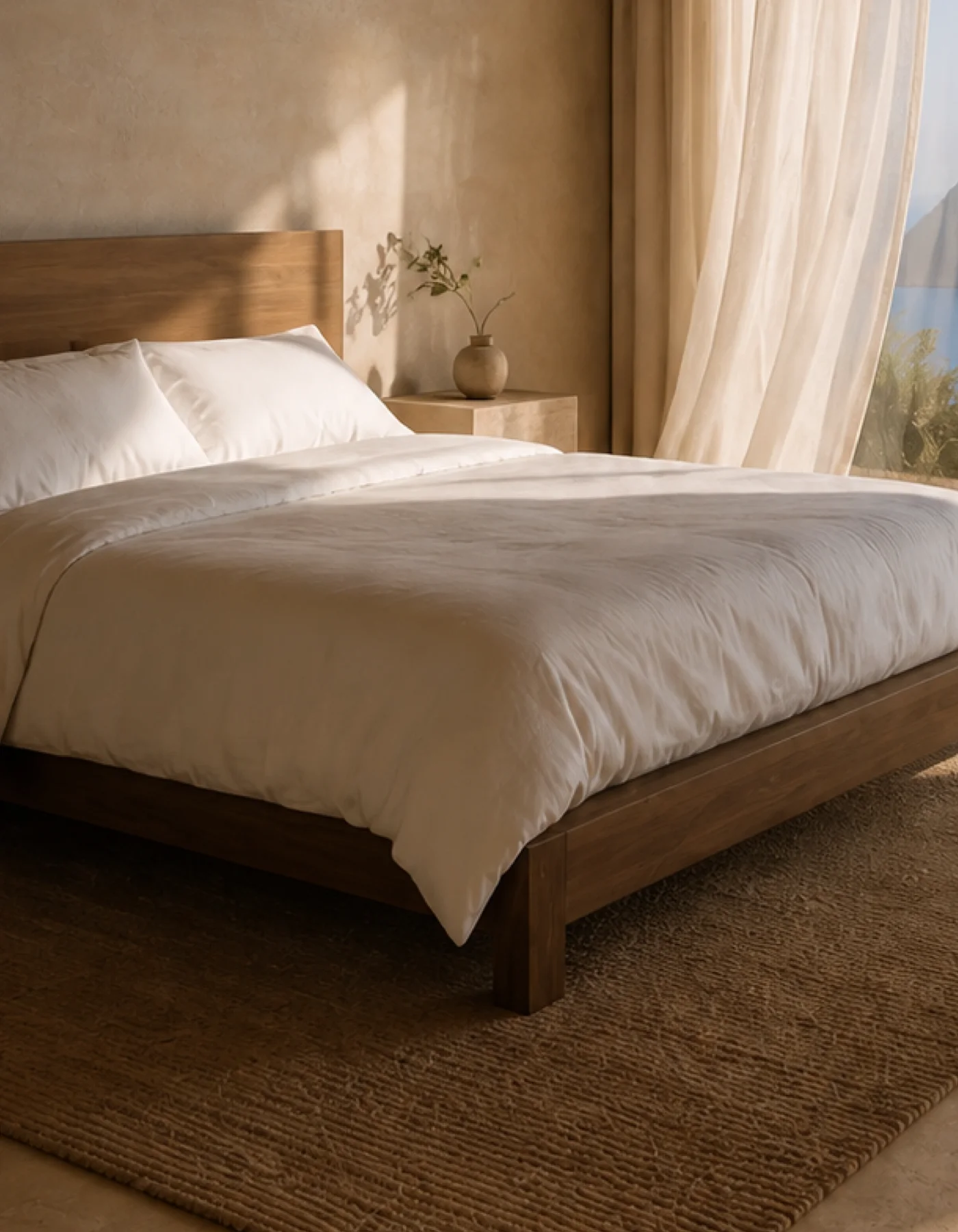 White linen, oak platform bed and limestone bedside plinth in soft late afternoon light at the Cala d’Hort house. This original fictional Cala d’Hort architecture study records....