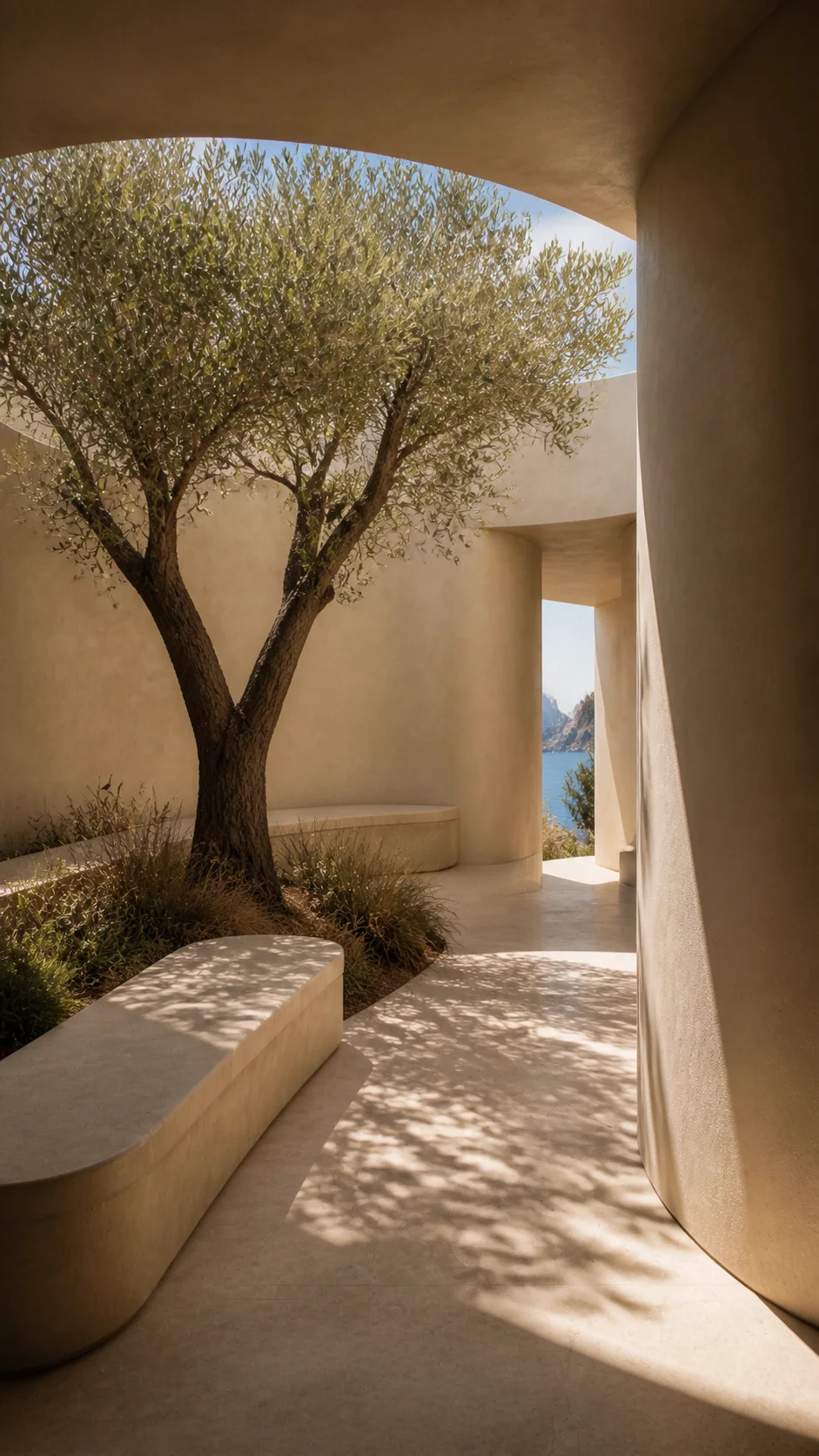 Shaded courtyard at the Cala d’Hort house with a mature olive tree, curved plaster, limestone bench and a distant sea view. This original fictional Cala d’Hort architecture study..
