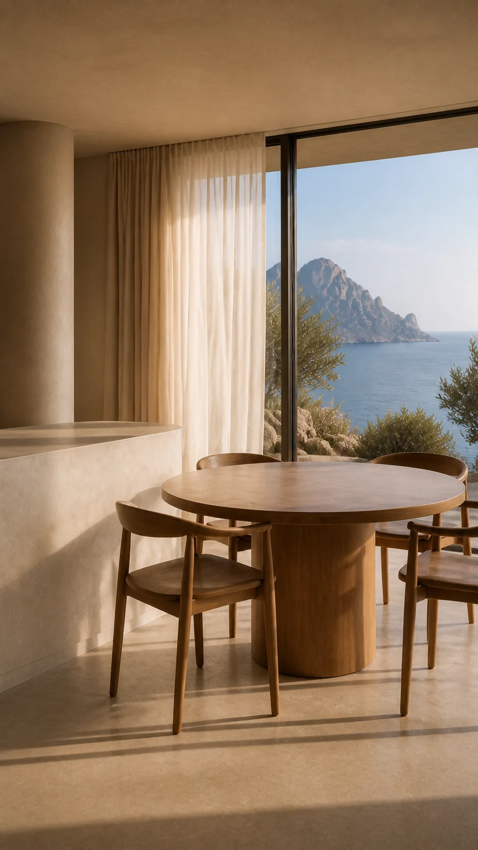 Oak dining table and timber chairs beside linen curtains and the Mediterranean view in the Cala d’Hort house. This original fictional Cala d’Hort architecture study records view...