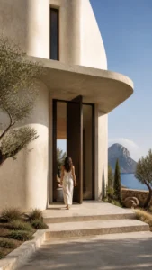 Exterior arrival at the fictional Cala d’Hort house with a woman in ivory linen entering beneath a curved plaster canopy. This original fictional Cala d’Hort architecture study....