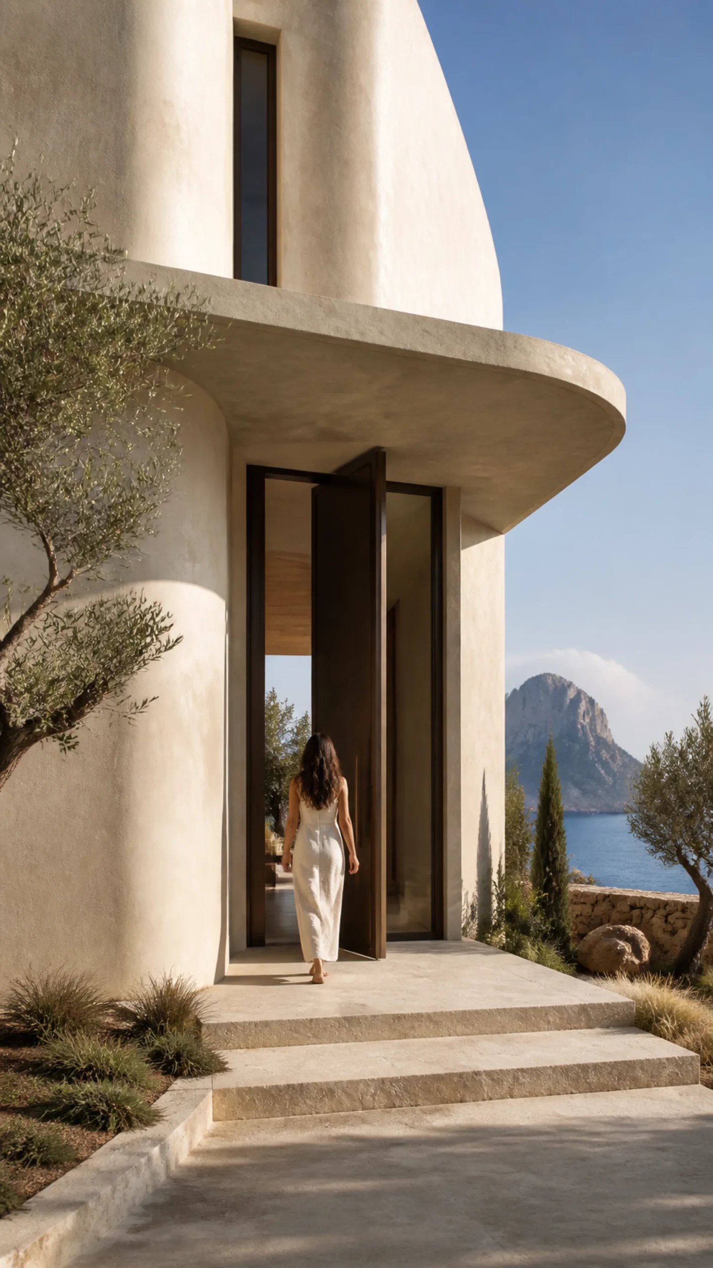 Exterior arrival at the fictional Cala d’Hort house with a woman in ivory linen entering beneath a curved plaster canopy. This original fictional Cala d’Hort architecture study....
