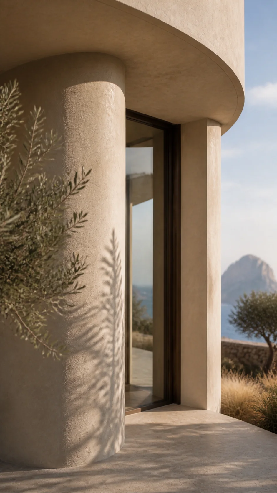 Close view of curved mineral plaster, dark bronze glazing, olive leaves and the distant Mediterranean at the Cala d’Hort house. This original fictional Cala d’Hort architecture....