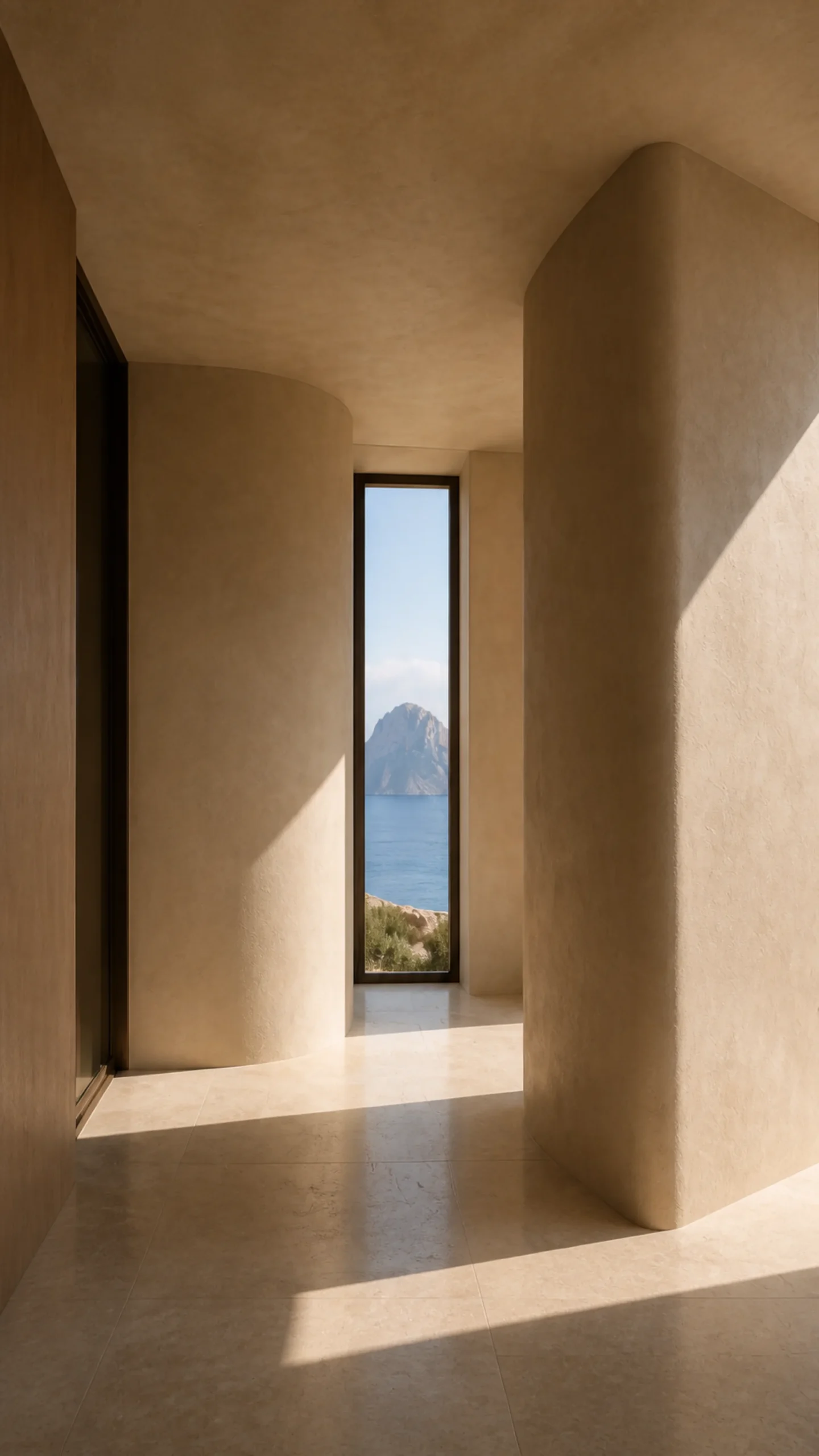 Curving mineral plaster gallery hall in the Cala d’Hort house with pale limestone floor and a narrow view to Es Vedrà. This original fictional Cala d’Hort architecture study view..