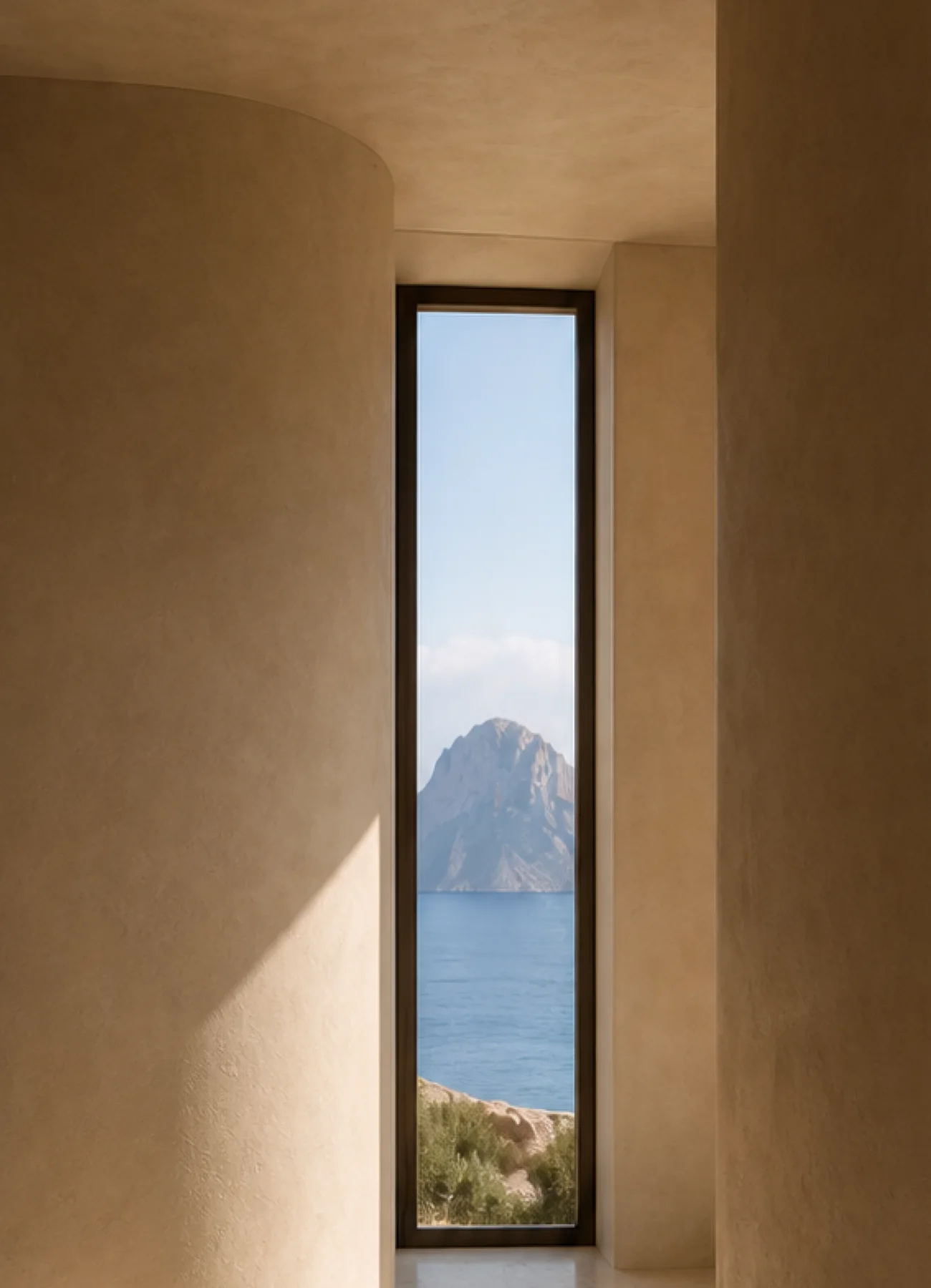 Narrow bronze framed sea reveal from the gallery of the Cala d’Hort house, with pale stone, sky and Es Vedrà. This original fictional Cala d’Hort architecture study records view...