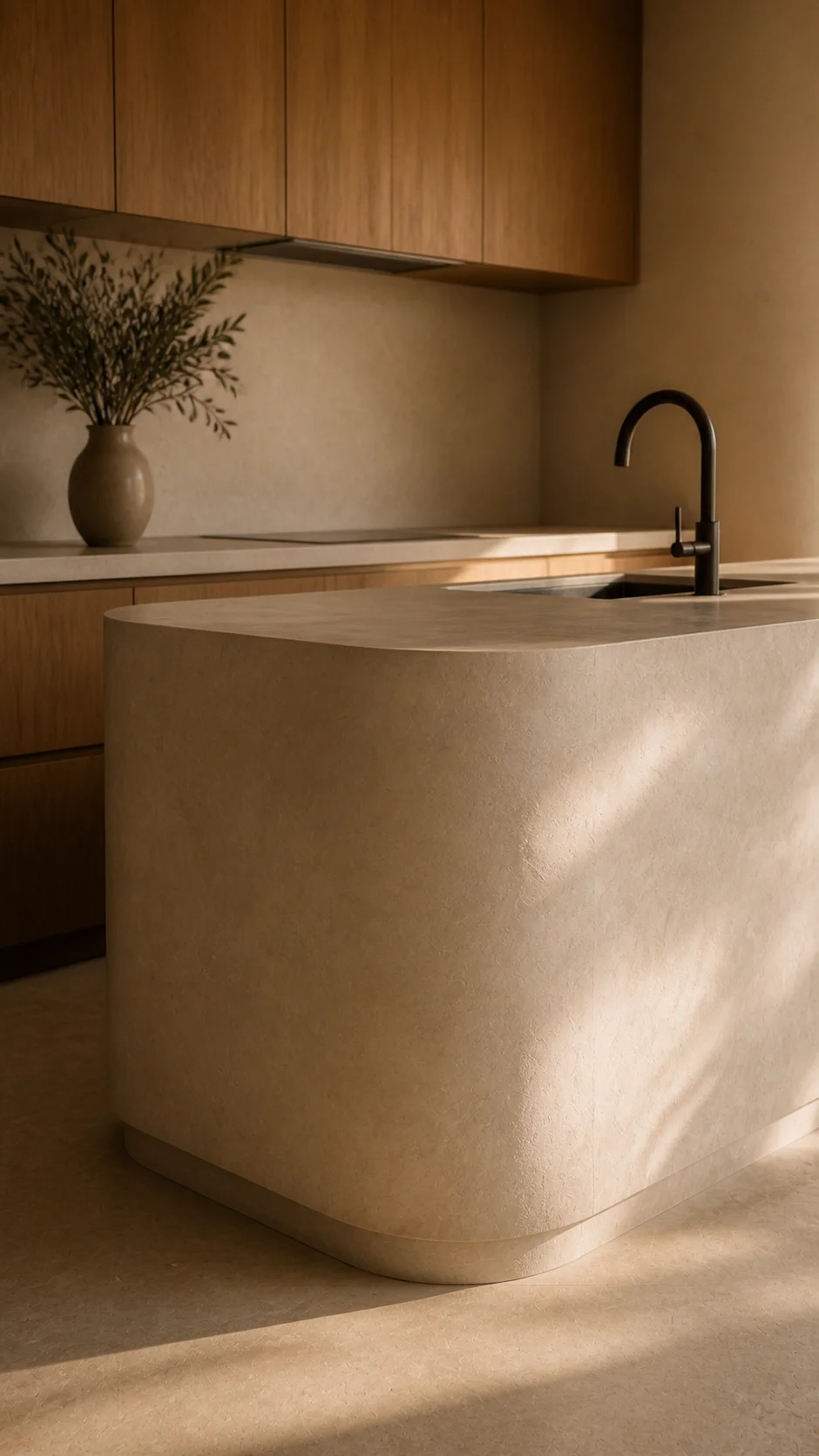 Rounded limestone kitchen island, dark bronze tap and smoked oak joinery in late sun at the Cala d’Hort house. This original fictional Cala d’Hort architecture study records view..