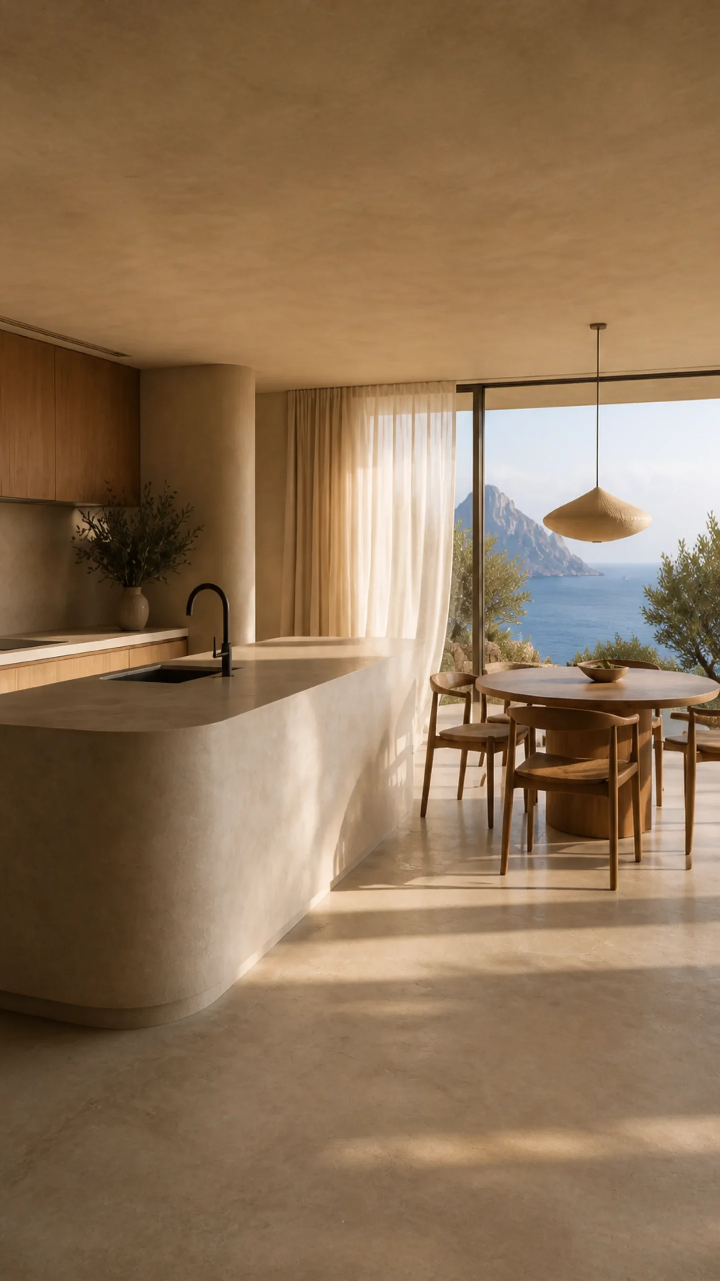Limestone island, oak dining table and linen curtains in the Cala d’Hort kitchen opening toward Es Vedrà and the sea. This original fictional Cala d’Hort architecture study records