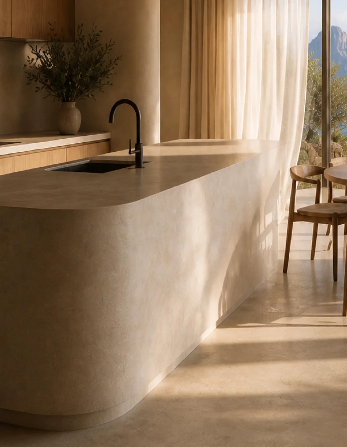 Close limestone island crop from the Cala d’Hort kitchen showing its curved edge, honed surface and late afternoon light. This original fictional Cala d’Hort architecture study....