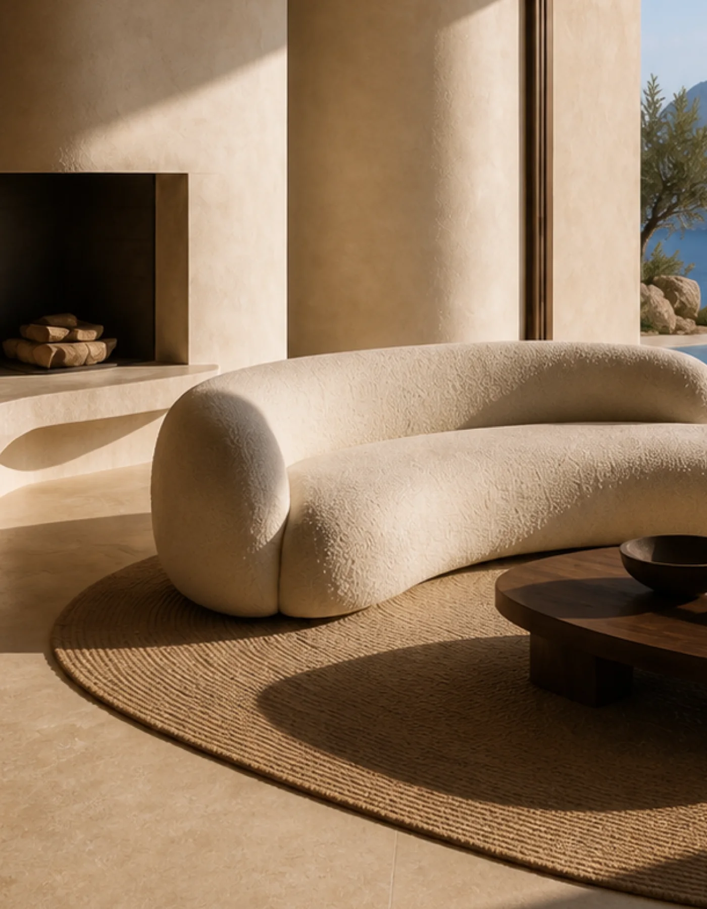 Close view of the curved cream bouclé sofa and woven rug in the sunlit Cala d’Hort living room. This original fictional Cala d’Hort architecture study records material, light, view