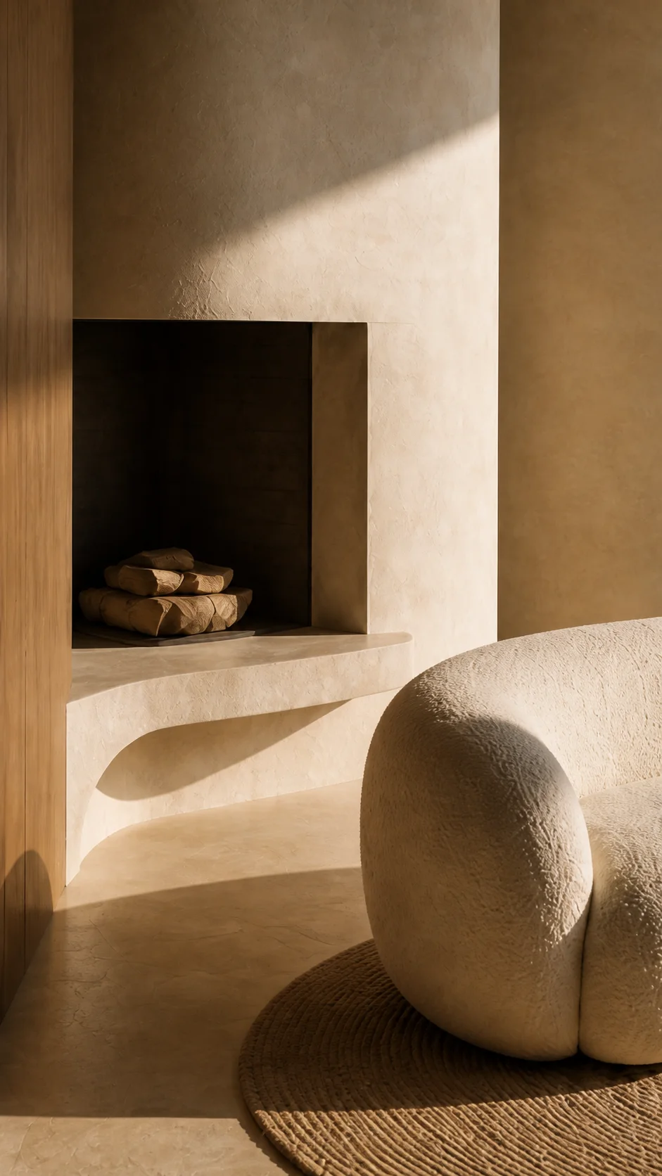 Limestone fireplace, stacked logs and cream bouclé seating in the warm plaster living room at Cala d’Hort. This original fictional Cala d’Hort architecture study records material,.