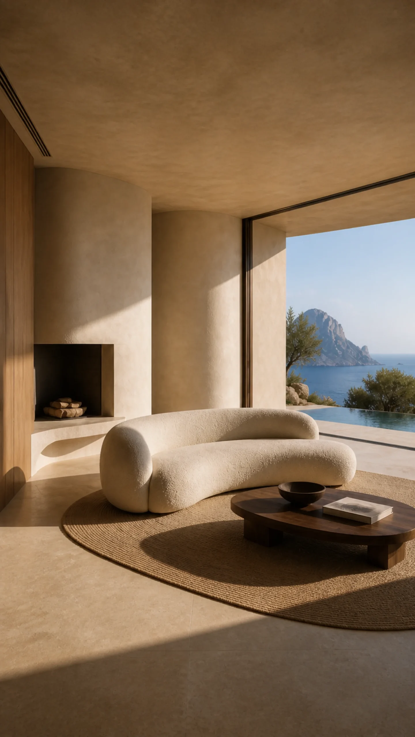 Cream bouclé sofa, walnut table and the partial infinity pool view from the living room of the Cala d’Hort house. This original fictional Cala d’Hort architecture study records....