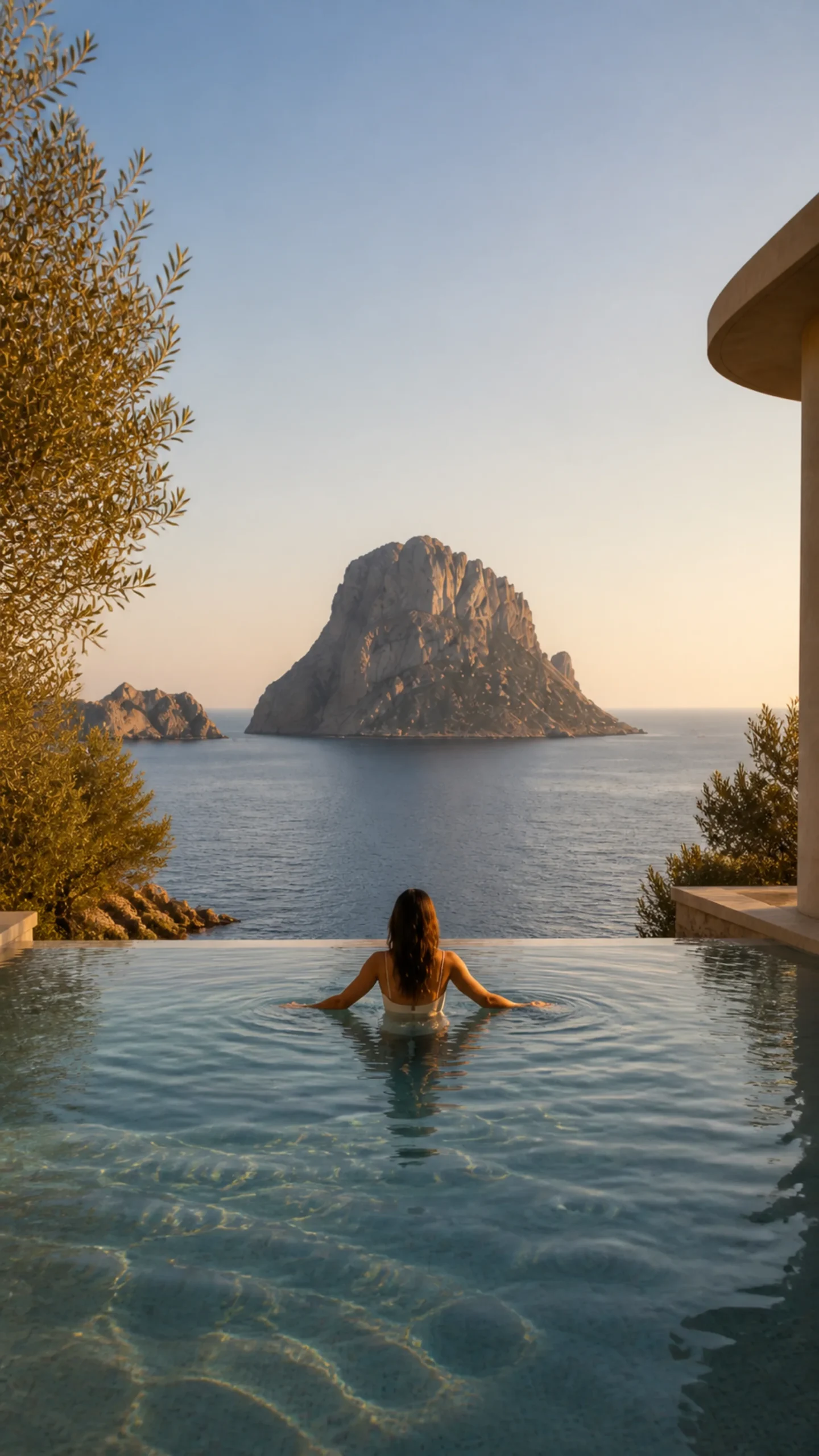 Woman swimming in the infinity pool of the fictional Cala d’Hort house with Es Vedrà and the Mediterranean beyond. This original fictional Cala d’Hort architecture study records...