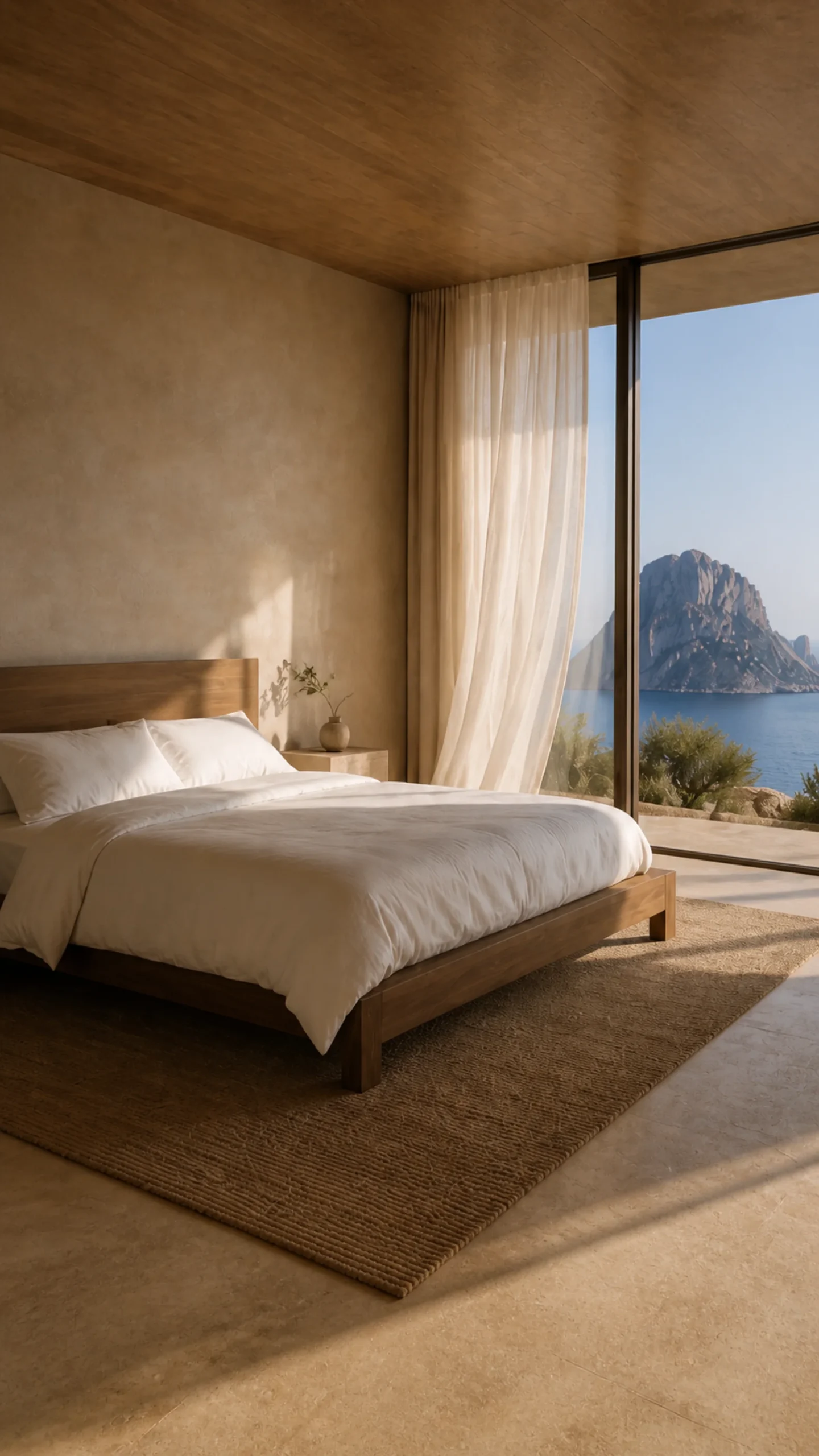 Low oak bed, crisp white linen and a private bronze framed sea view in the Cala d’Hort primary bedroom. This original fictional Cala d’Hort architecture study records material,....