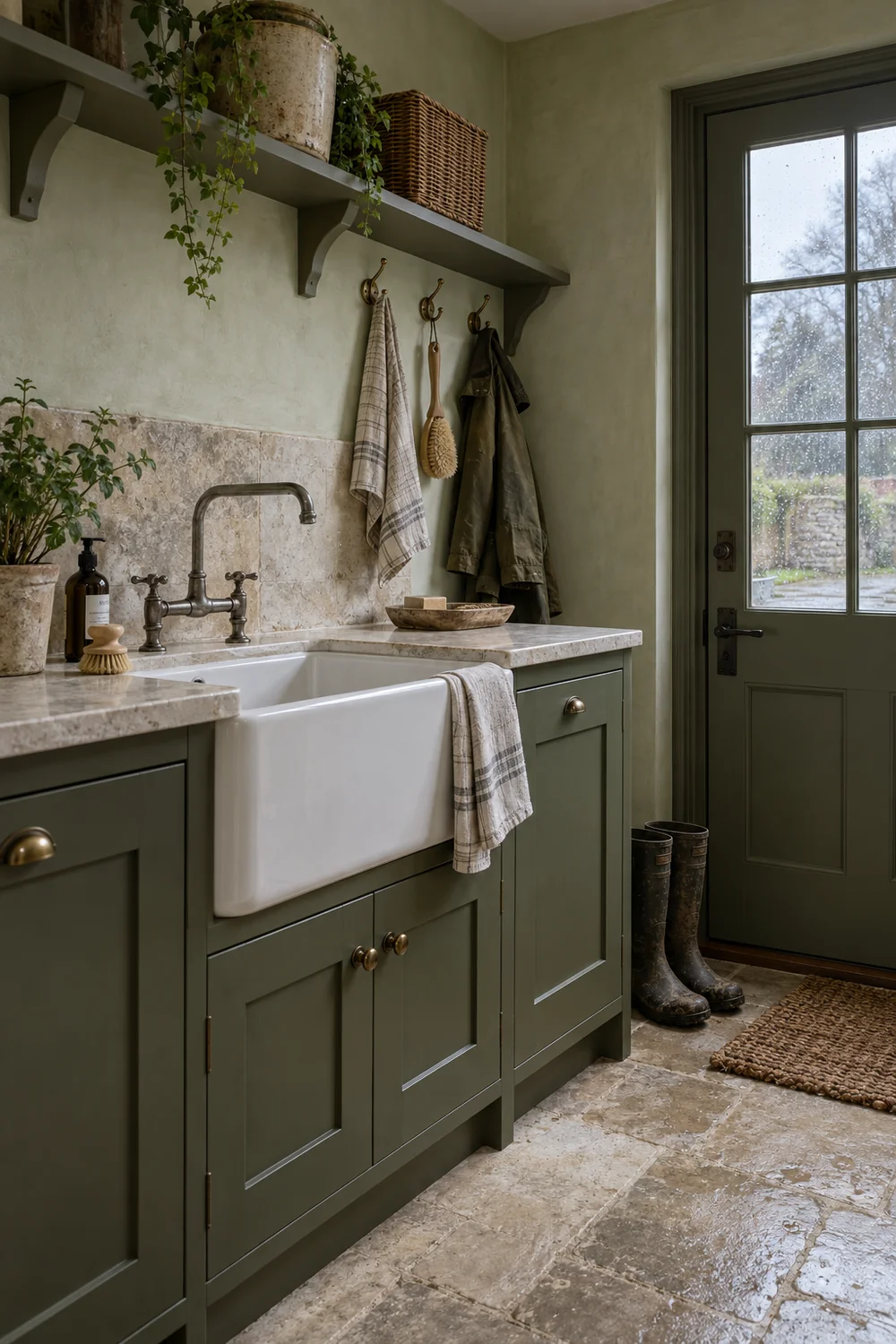 Ceramic utility sink beside an English country mudroom entrance
