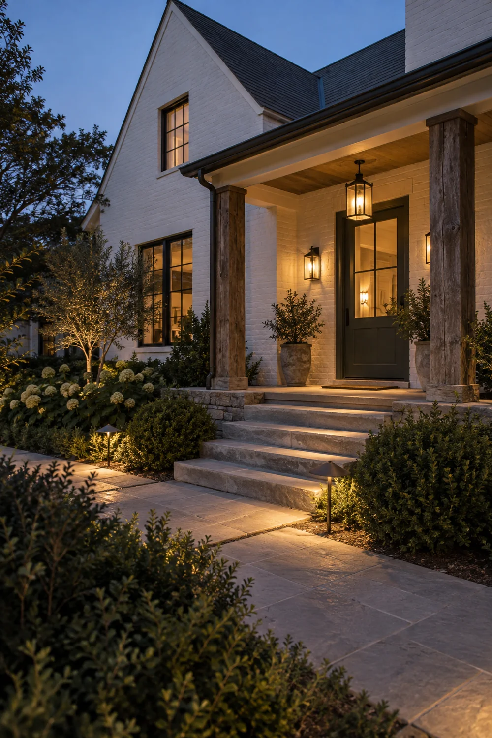 Chalk white farmhouse entrance with green door porch lanterns and warm path lights at dusk