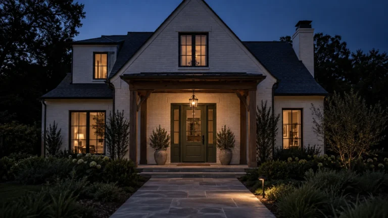 Chalk white farmhouse with green front door and warm porch and path lights at blue hour