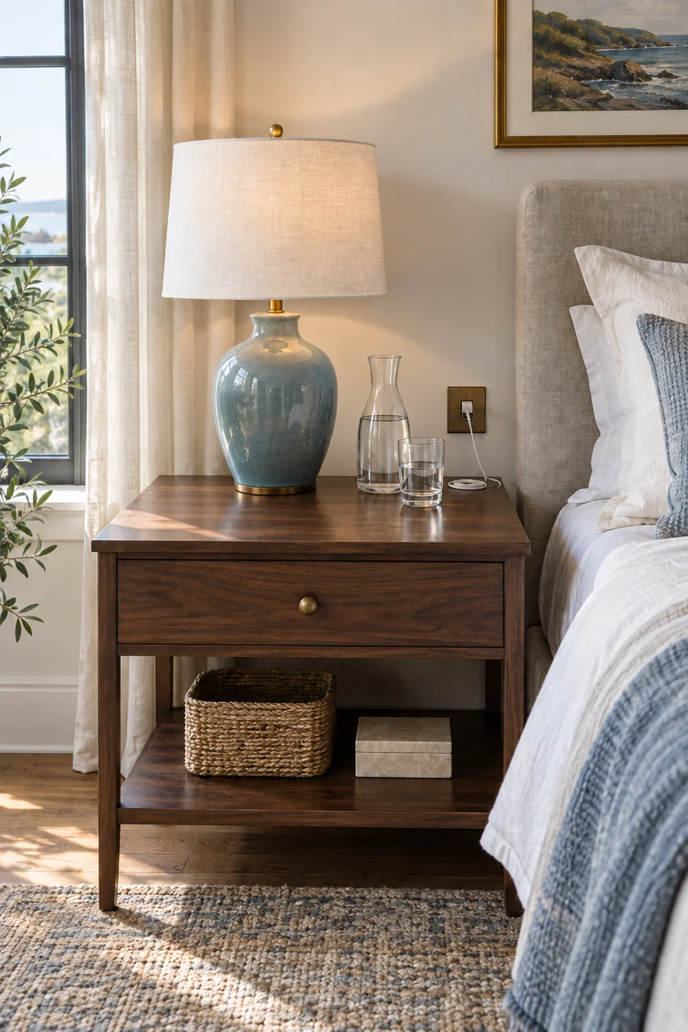 Clear Italian guest bedside table with a lamp water and discreet charging point