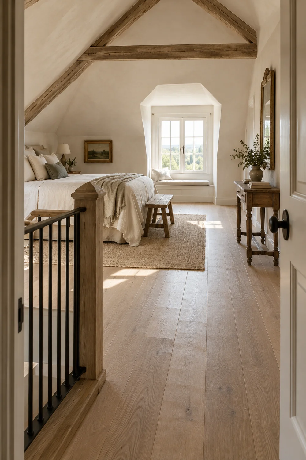 Clear stair arrival leading to a dormer in a French country attic bedroom with the bed set aside