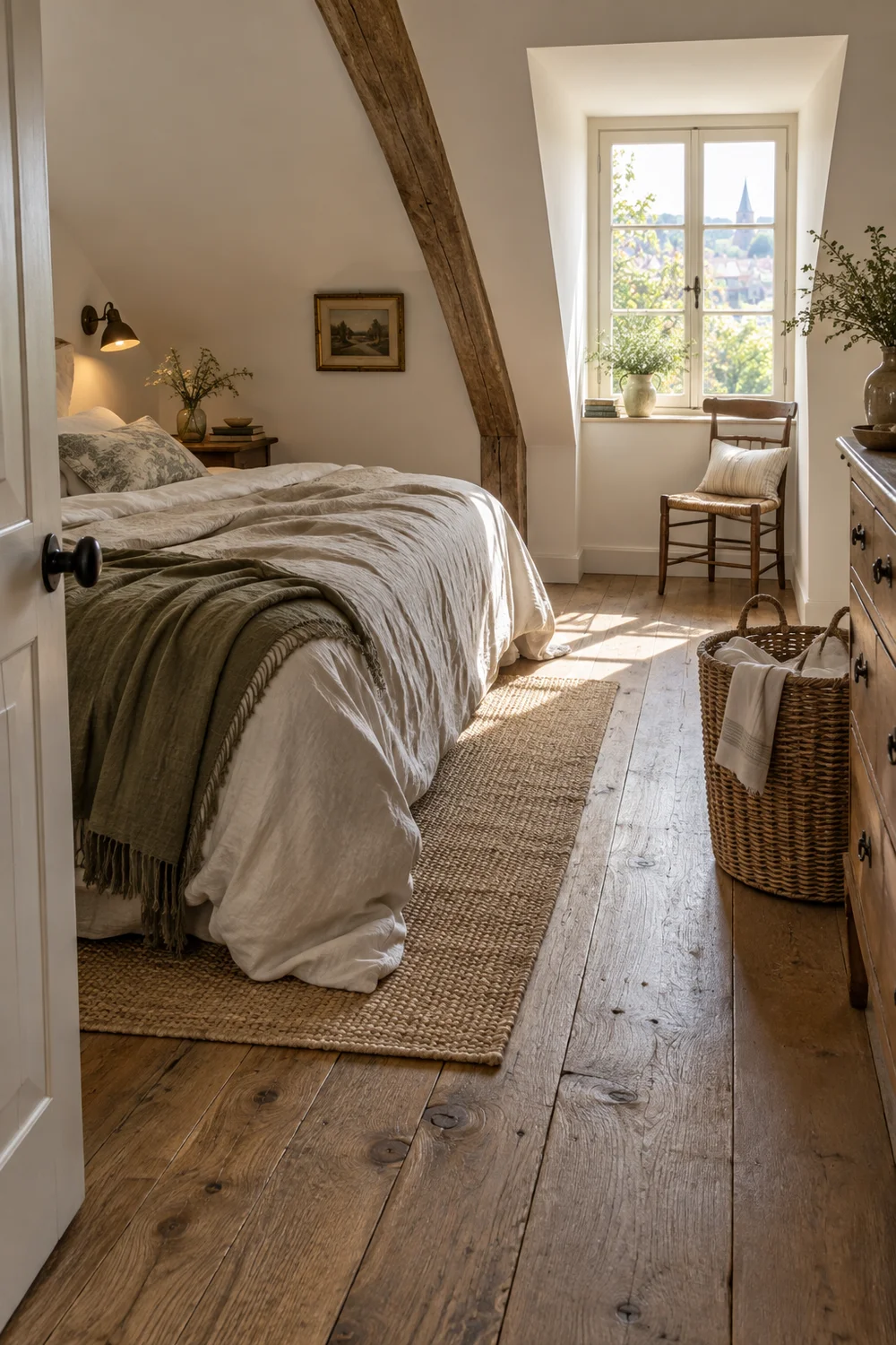 Clear walkway beside a low bed in a French country attic bedroom with a laundry basket near the doorway