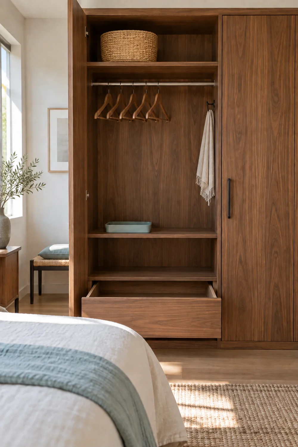 Cleared walnut guest wardrobe with empty shelves drawers and wooden hangers