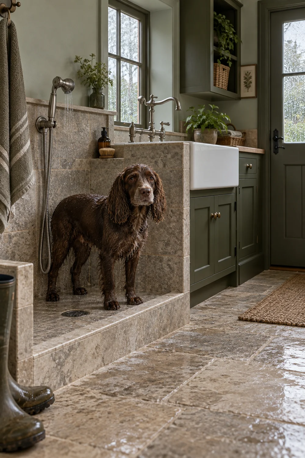Compact English country mudroom dog wash beside a ceramic utility sink