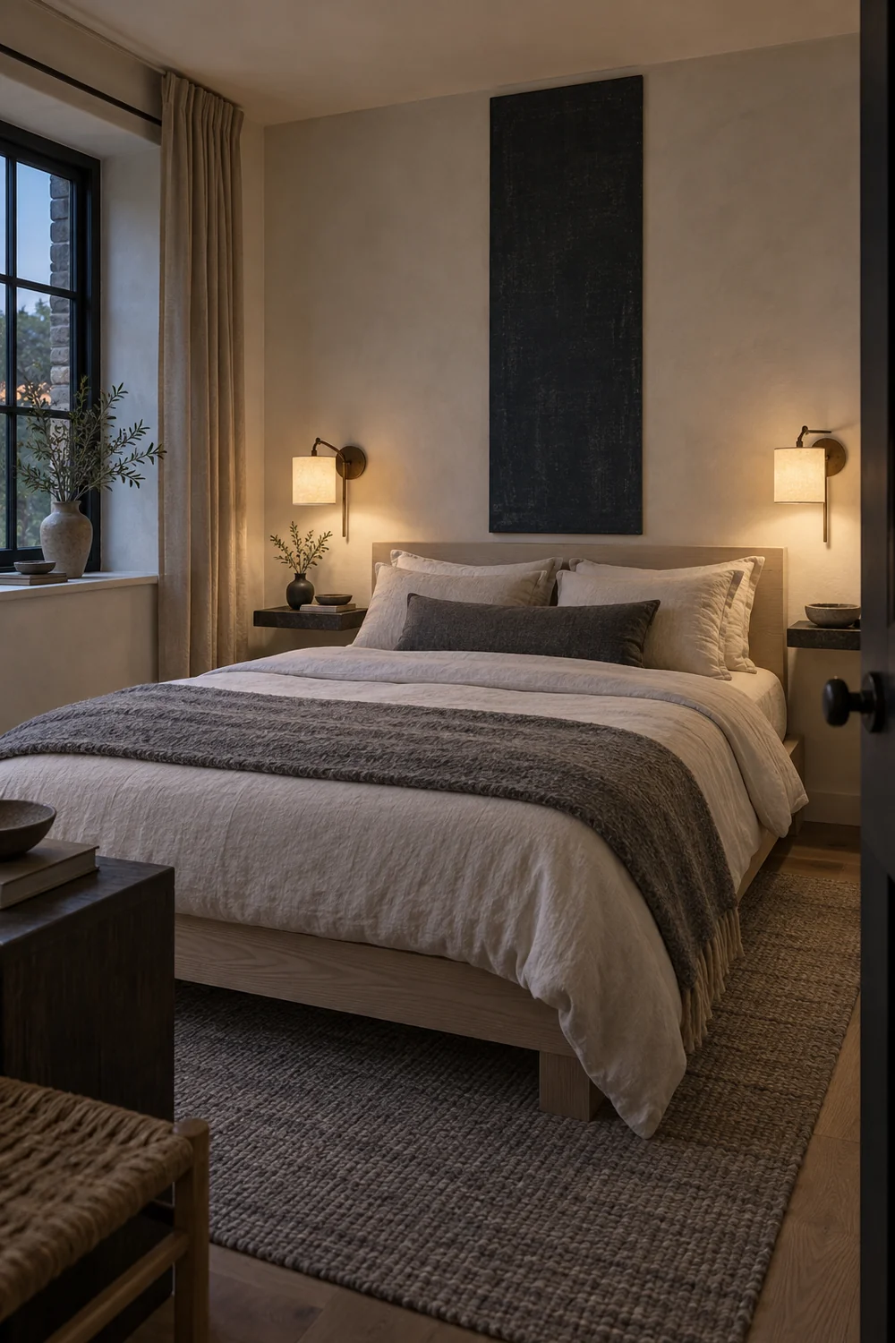 Compact Japandi bedroom with bronze wall lights and clear bedside ledges