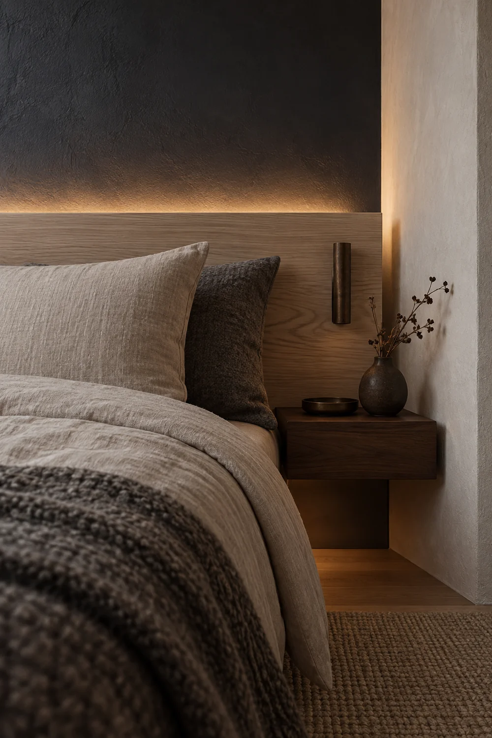 Concealed warm glow behind a pale ash Japandi headboard with ecru linen